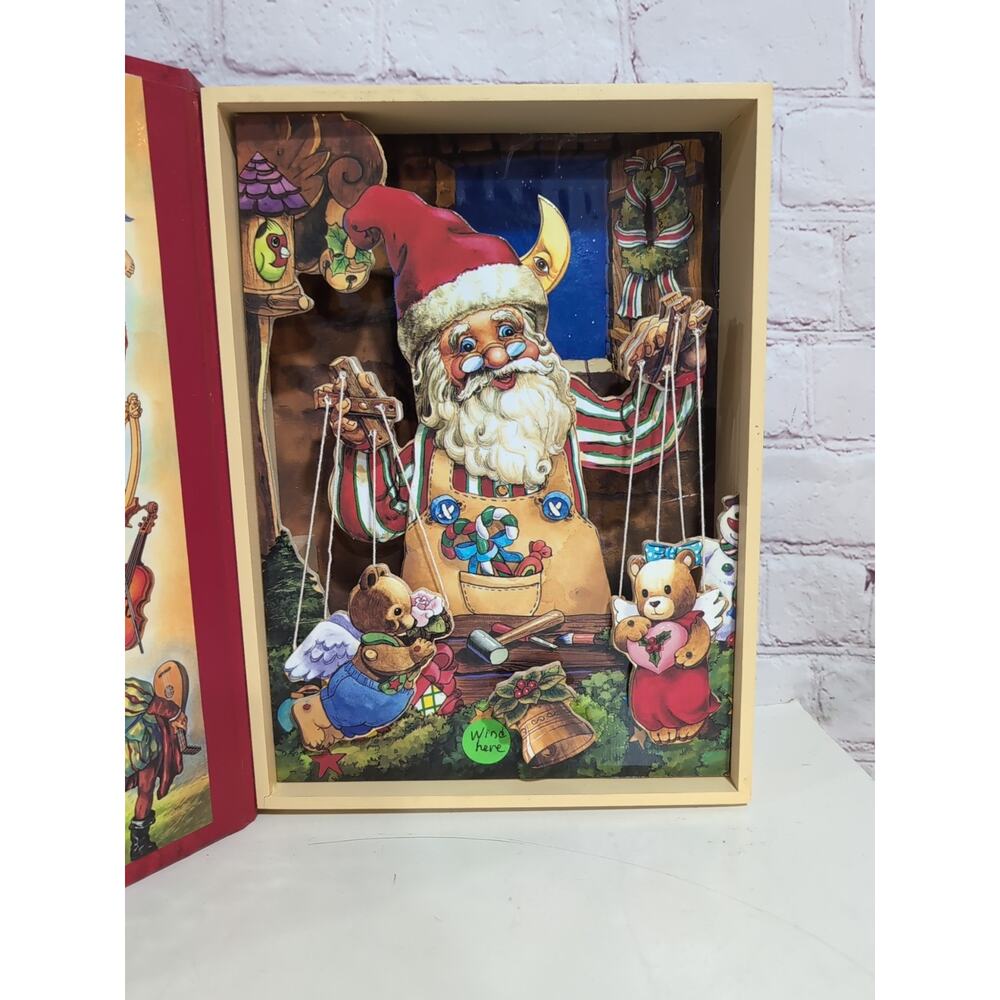 Vintage World Bazaar Wood Santa Christmas Wind Up Wish You A Merry Book WORKS